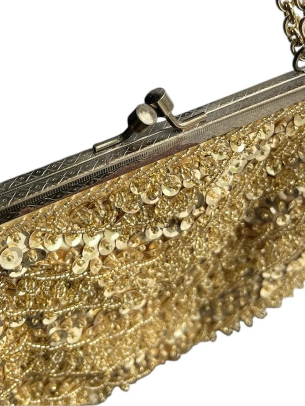 Vintage Gold Sequin Evening Bag Beaded Gold Tone Frame Chain Strap - Picture 10 of 14